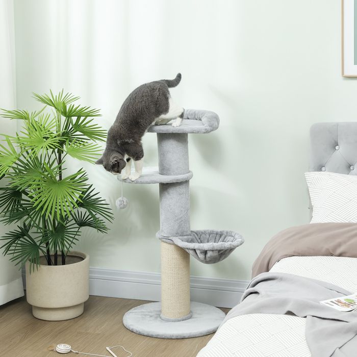 Comparer les prix de Arbre à chat tonneau à gratter pour chats griffoir en sisal hamac plateforme balle jouet Ø 48 x 1035 cm gris clair