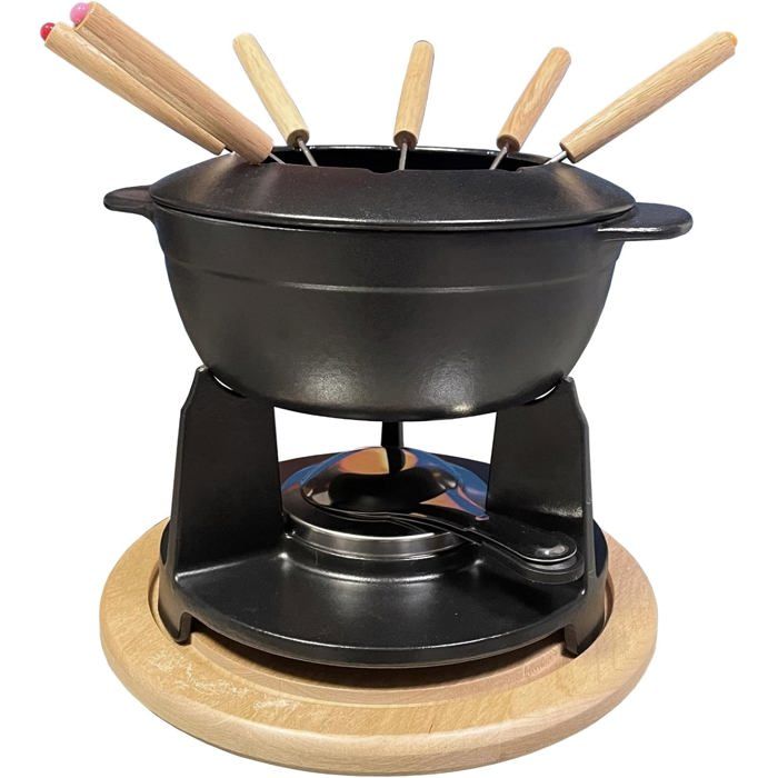 Service à fondue - BAUMALU - Caquelon en fonte - Noir mat - Couvercle anti-éclaboussures - 6 fourchettes