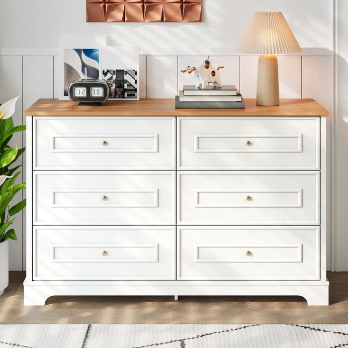 Commode 6 tiroirs blanc avec plateau bois meuble de rangement moderne style farmhouse pour salon chambre ou entrée