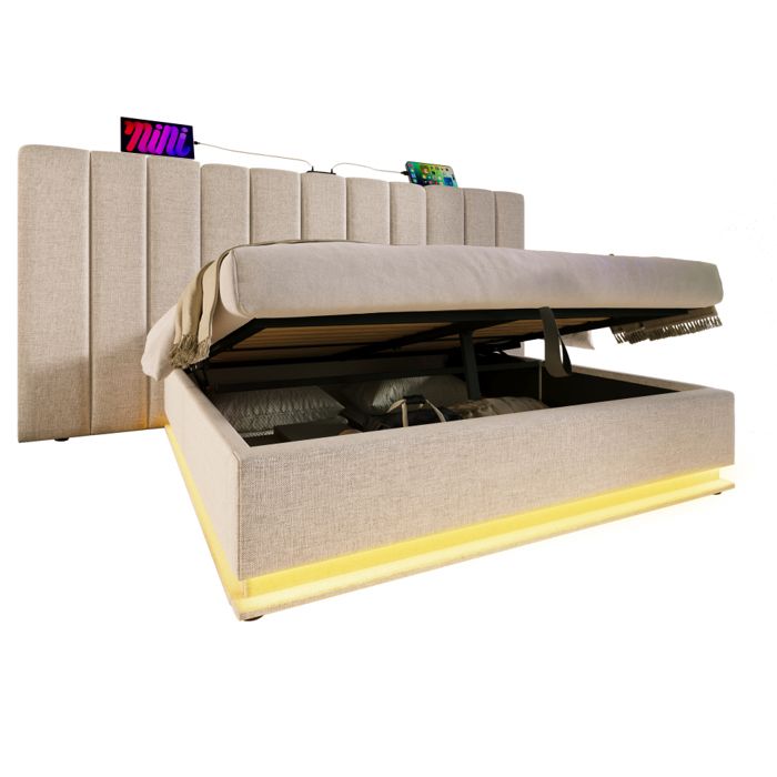 Lit coffre adult double 160x200 cm sommier inclus-APP Control LED et fonction de chargement USB - C pu Beige