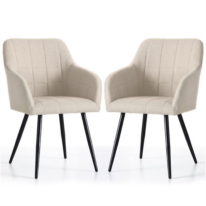 Lot de 2 Chaises rembourrées à surpiqûres carrées LUXANO Beige pieds noirs tissu Lumos