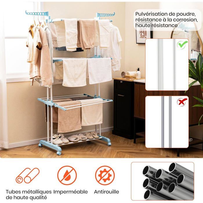 GIANTEX Étendoir à Linge Pliable à 4 Niveaux avec Ailes Latérales Rotatives et Etagères Pliables-Séchoir avec Roues Bleu clair