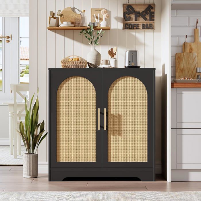 Buffet moderne en rotin - LUNSY - 396x762x80 cm - Noir - Portes en rotin - Étagères fixes - Supporte jusquà 544 kg
