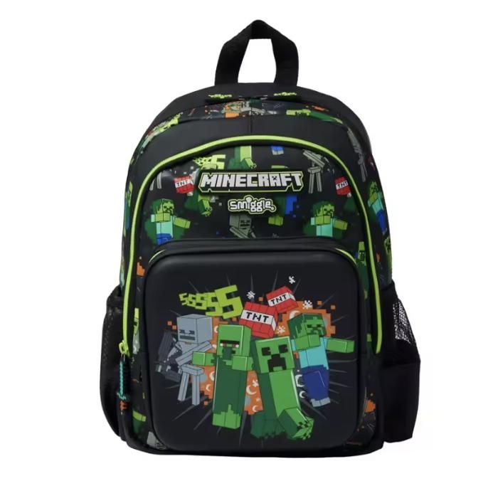 Sac à dos enfant inspiré de l’univers Minecraft vert et noir – Cartable léger école primaire 36 cm