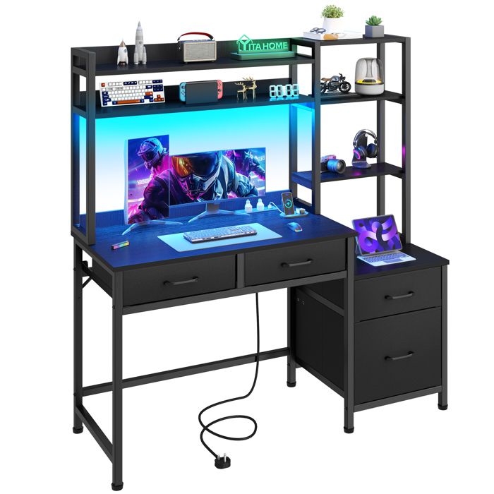 Bureau dordinateur Balconera avec piètement en métal et prise électrique 128 x 50 x 150 cm noir