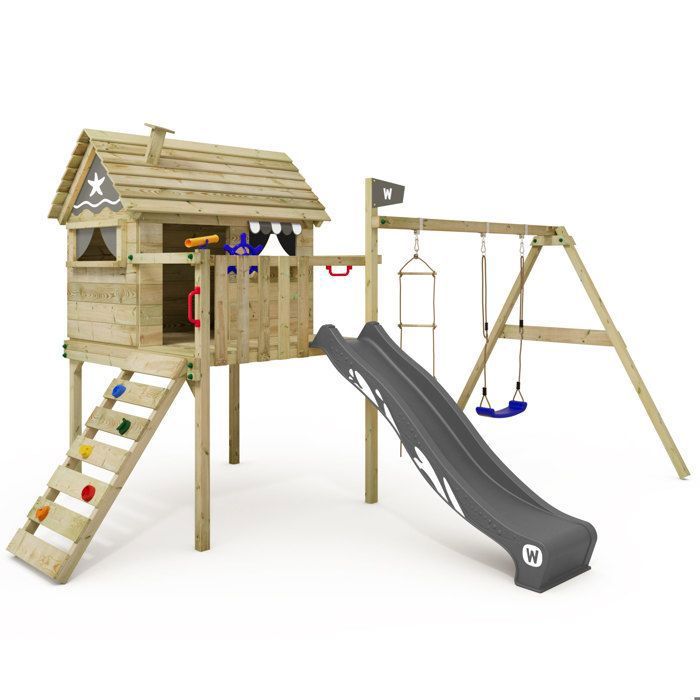 Maison sur pilotis bois WICKEY Smart Travel avec toboggan 220 cm anthracite et balançoire – 10 ans de garantie*