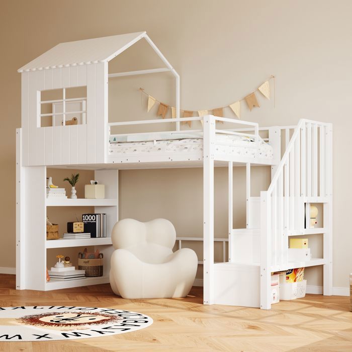 Lit mezzanine en fer forgé 90 × 200 cm avec barrière de sécurité et étagère de rangement lit simple et lit pour enfant blanc