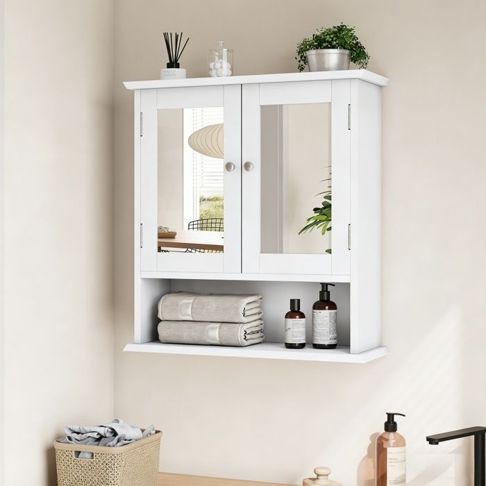 Armoire Murale Salle de Bain - BELLEMAVE - Meuble Salle de Bain avec Miroir à 2 Portes & étagères Ouverts - 546x198x60cm - Blanc