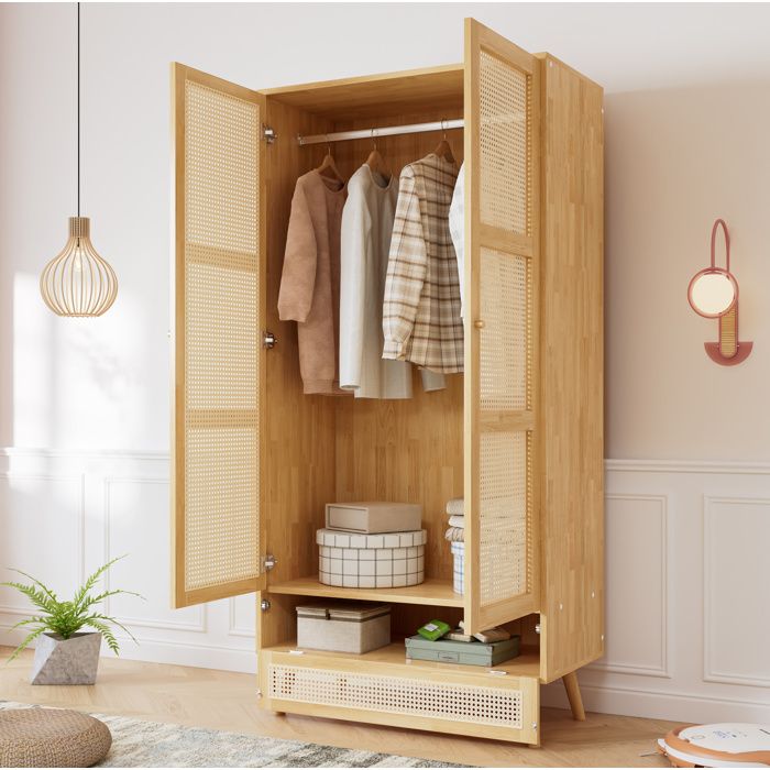 Armoire penderie 90x45x183 cm 2 portes avec tringle et coffre bas à abattant. effet cannage. bois naturel