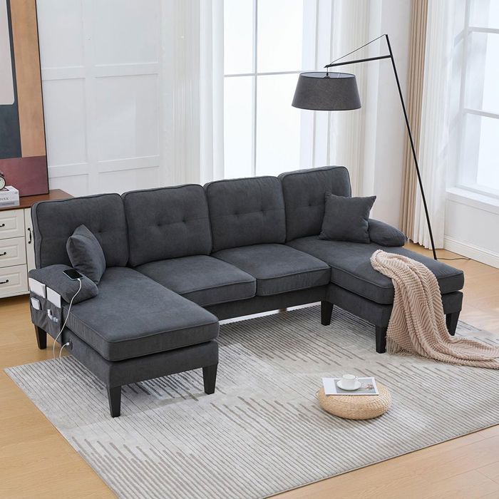 Canapé 4 places en U - Panoramique - Lin gris foncé - 2 chaises longues - Ports USB/Type-C