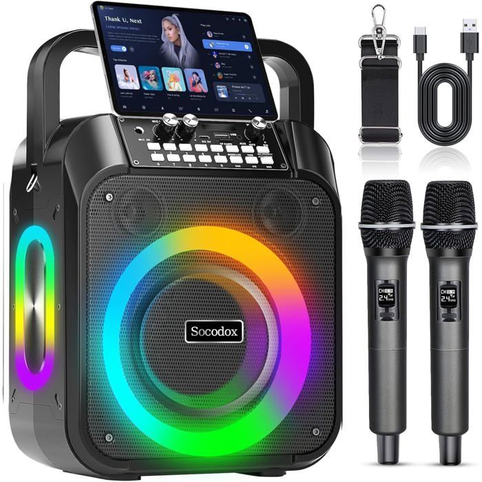 Haut-parleur Bluetooth Machine Karaoké 6000mAh Portable - 2 micros sans fil TWS Stéréo Bass Boost