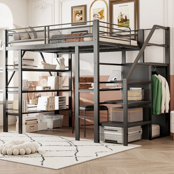 Lit mezzanine noir 140×200 cm bureau et rangement intégrés escalier modulable sans matelas