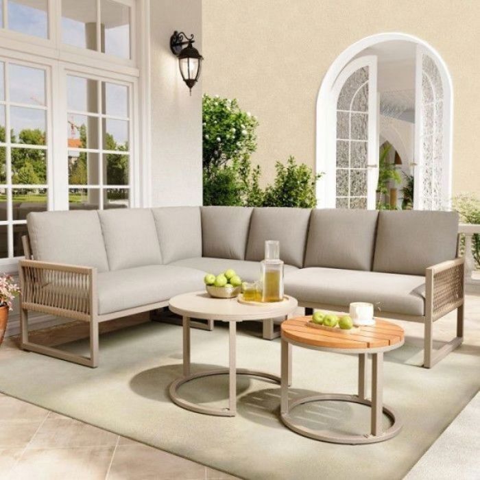 Salon de jardin exterieur - Canapé dangle 3 modules - Acier galvanisé - Corde tressée - Coussins beige SALON BAS DE JARDIN