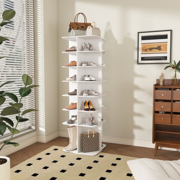 Meuble à Chaussures Pivotant à 360° - 60x60x184cm - Tour de Rangement 7 Niveaux pour 28 Paires - Lazy Susan en PVC - Blanc