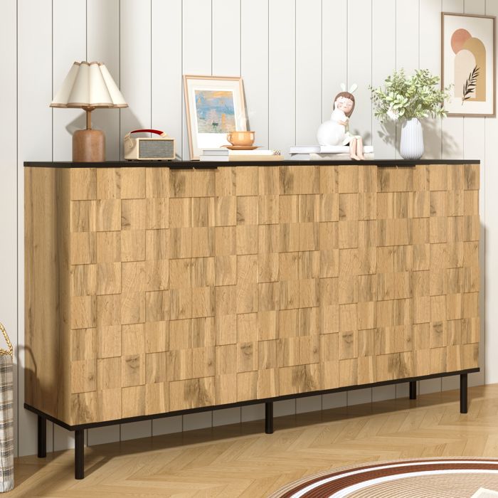 Buffet Mosaïque - Design artistique en mosaïque - Espace de rangement à 2 portes - Étagères fixes - Pieds en métal noir