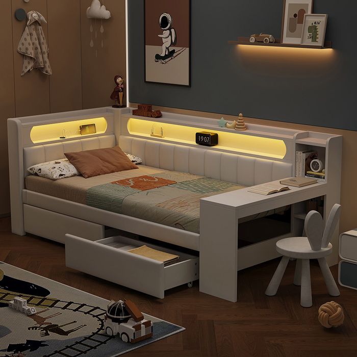 Canapé-lit rembourré 90 x 200 cm avec port USB et LED - Bureau - Deux tiroirs - Tissu lin - Blanc