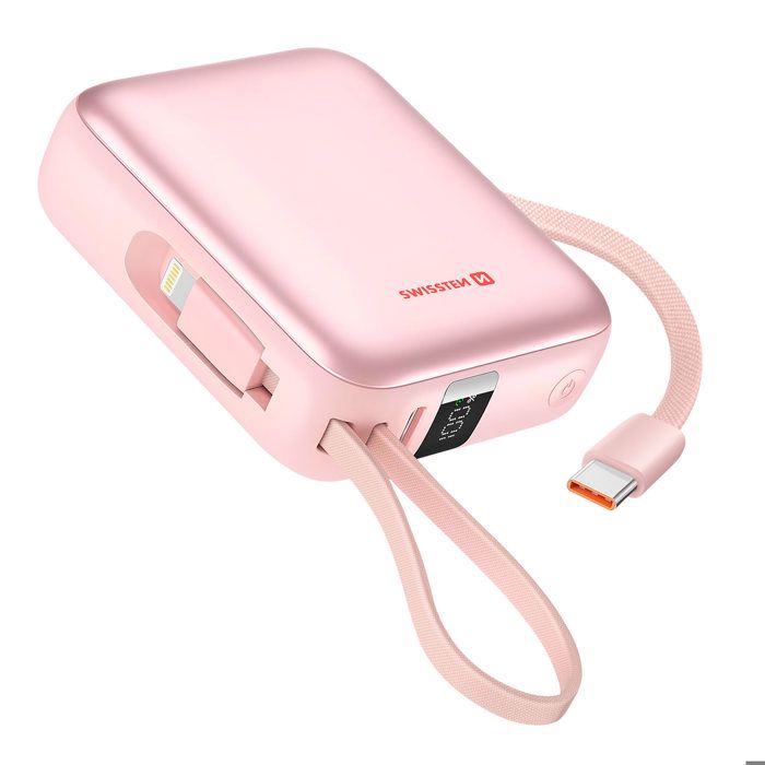 Batterie Externe 10000mAh 22.5W avec Câbles USB / Lightning et Écran LCD Swissten Rose