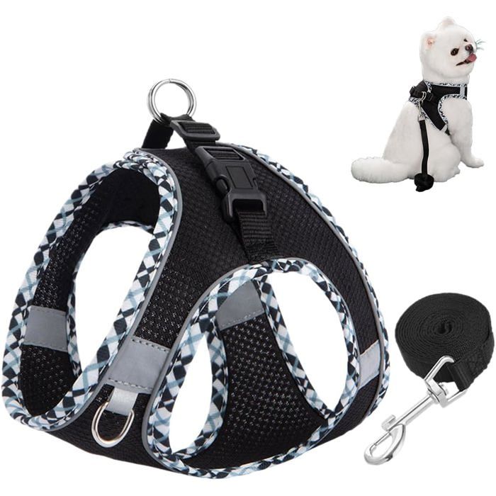 Ensemble Harnais Anti-Traction pour Petits Chiens(Noir XXS) Harnais Anti-Traction pour Chat avec Laisse Chat Refléchissant Gilet
