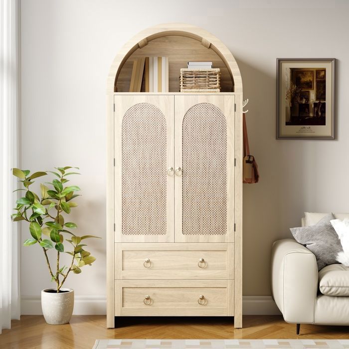 Buffet Haut 80 x 40 x 180 cm Armoire de Rangement Effet Cannage en Arc 2 Portes 3 Tiroirs Style Vintage Chêne