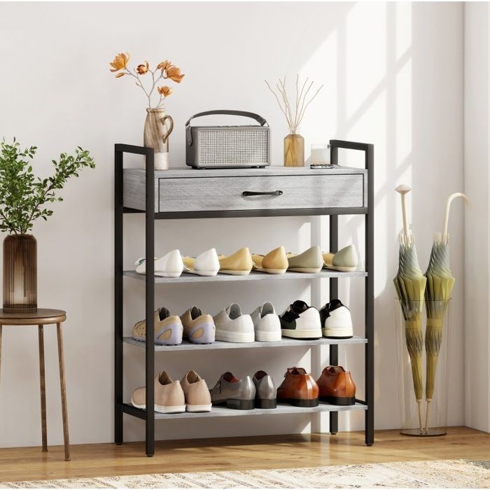 Meuble à chaussures 4 étagères avec 1 tiroir 3 niches ouvertes style industriel pour entrée métal gris - UVRION