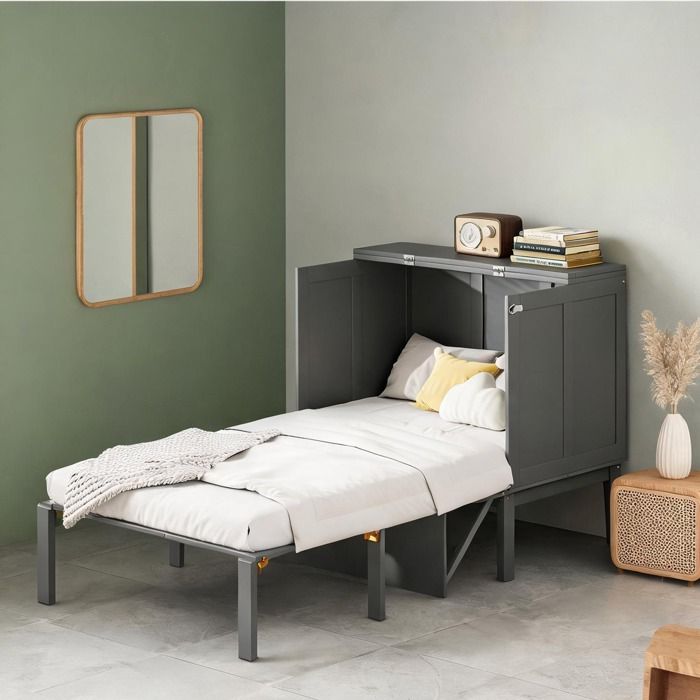 Lit escamotable vertical 90x200 cm bois gris froid cadre à lattes gain de place