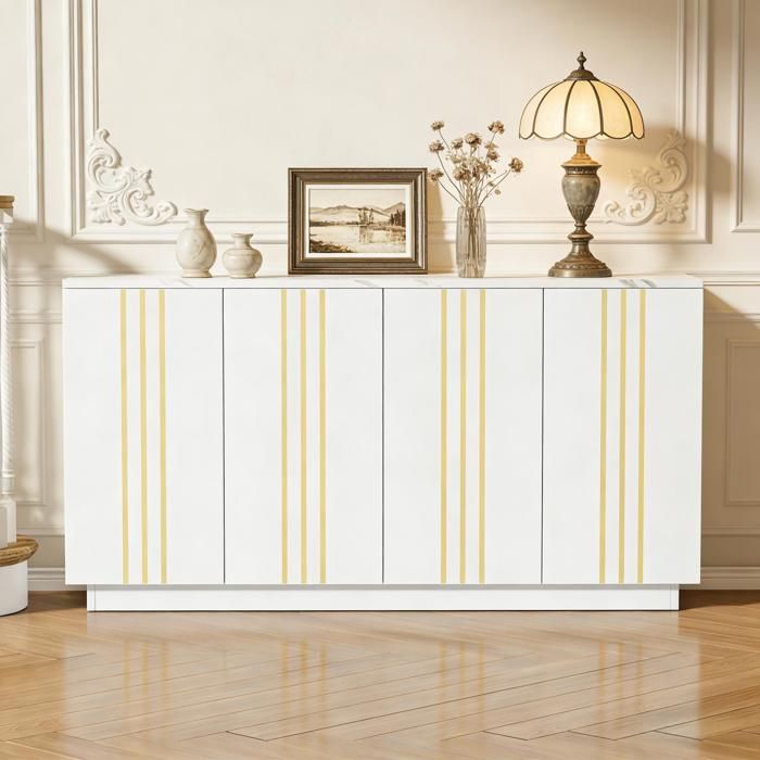 Buffet Blanc Or 4 Portes 140×35×70cm Cloisons ajustables