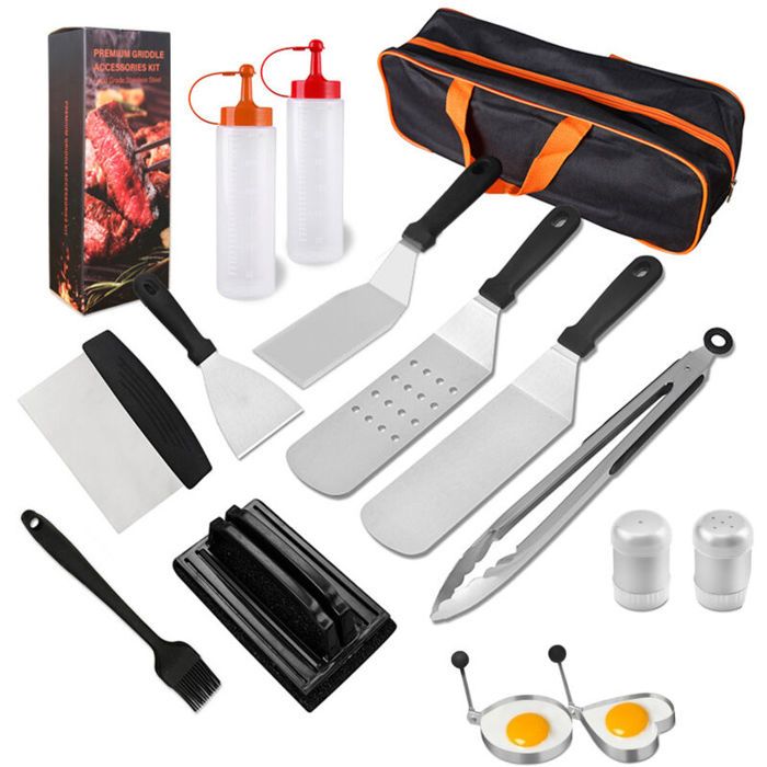 Ustensiles pour plancha - PZCC - 15 pièces - Acier inoxydable - Ensemble 15 pcs - Pour plancha gril et teppanyaki
