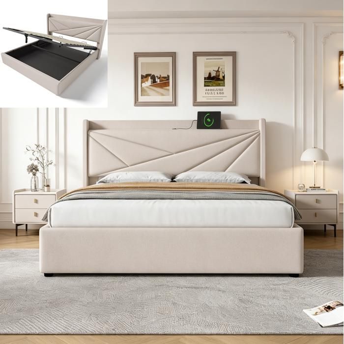 Lit coffre double lin beige 180x200 - Tête de lit géométrique - Espace de rangement intégré - Ports de charge USB Type-C