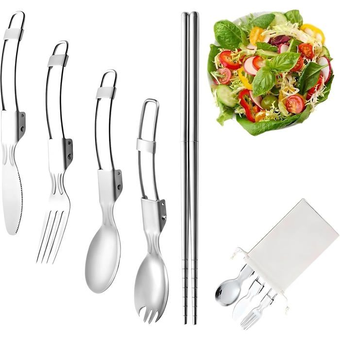 5pcs Vaisselle Pliante en Acier Inoxydable Couvert Multifonction pour Camping Voyage Randonnée et Pique-Nique en Pl - Argent-5pcs