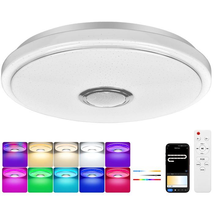 60W Plafonnier Rond LED Dimmable Changement de Couleur RGB Lampe de Plafond Ø40CM Éclairage de Plafond LED avec Haut-parleur Bluet