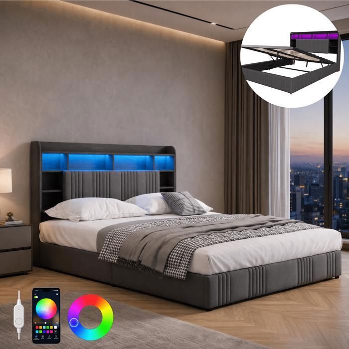 Cadre de lit 160x200 avec sommier et rangement lit coffre 160x200 avec LED et USB lit double avec tête de lit capitonné Gris