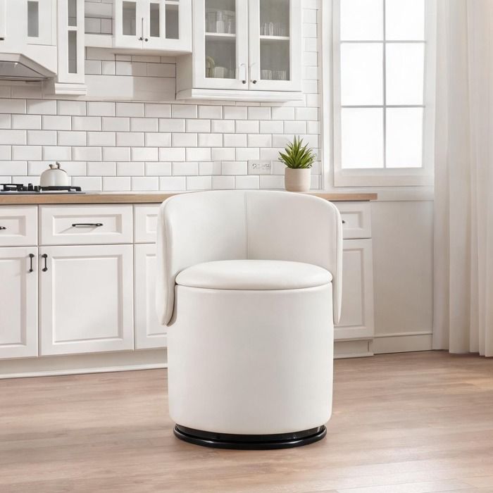 Tabouret tonneau pivotant 360° avec rangement intégré en velours blanc