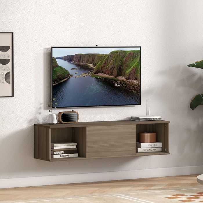 Meuble TV mural suspendu - 120×30×29 5 cm - 2 compartiments ouverts - porte abattante - Marron aspect bois