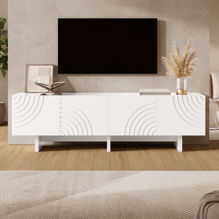 Meuble TV bas 170x35x50 cm-4 portes à motif arche en relief-rangement fermé-passe-câbles-MDF et panneaux de particules-Blanc