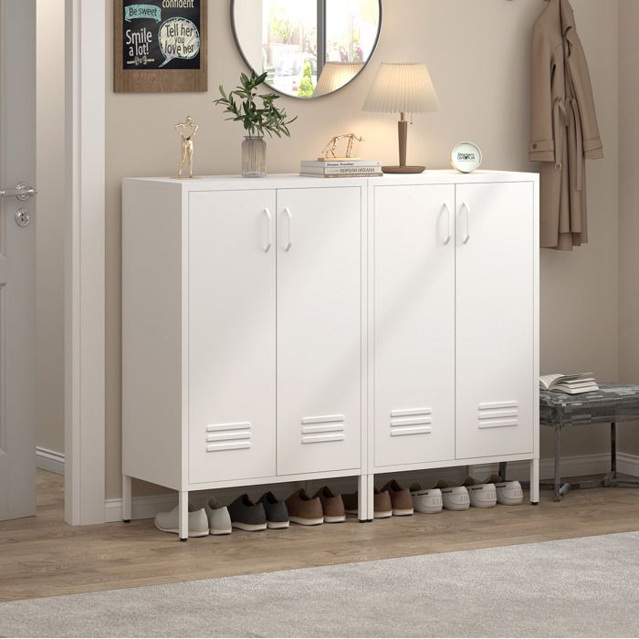 Armoire de rangement métallique blanche à 2 portes 2 étagères réglables pieds ajustables