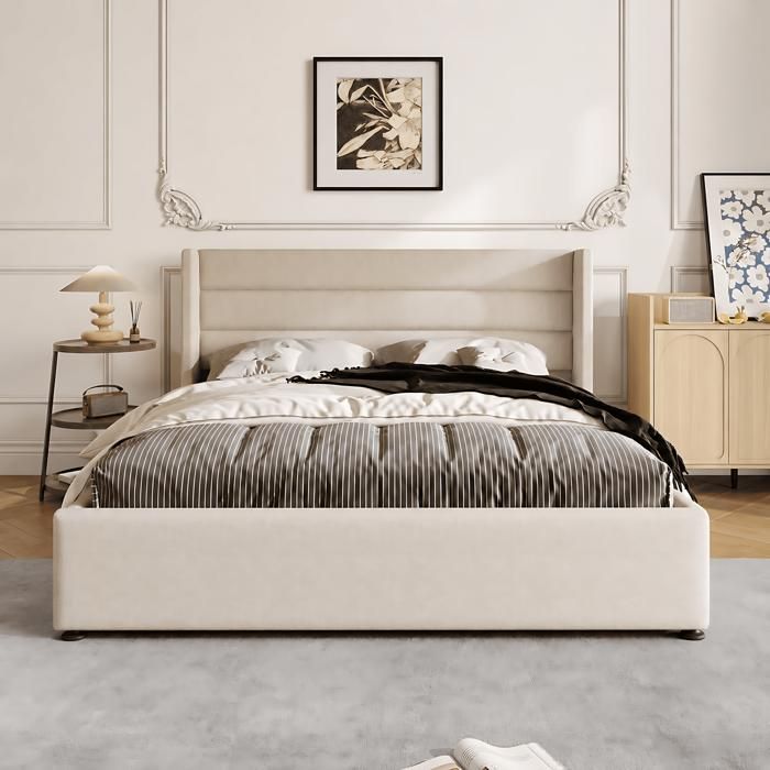 Lit coffre 160x200 cm avec sommier à lattes Lit double avec hydraulique rangement Tissu lin beige