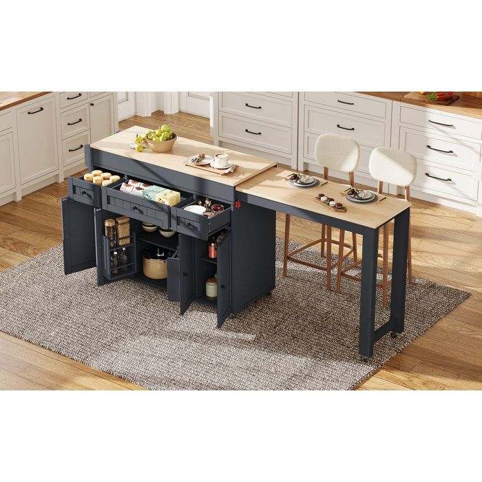 WOVREO ilot central de cuisine mobile 137-1906 x 452 x 92 cm plateau extensible 3 tiroirs MDF gris