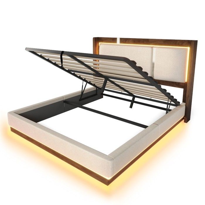Lit double 140x200 lin beige noyer capitonné LED coffre hydraulique sommier lattes lit adulte confort sans matelas