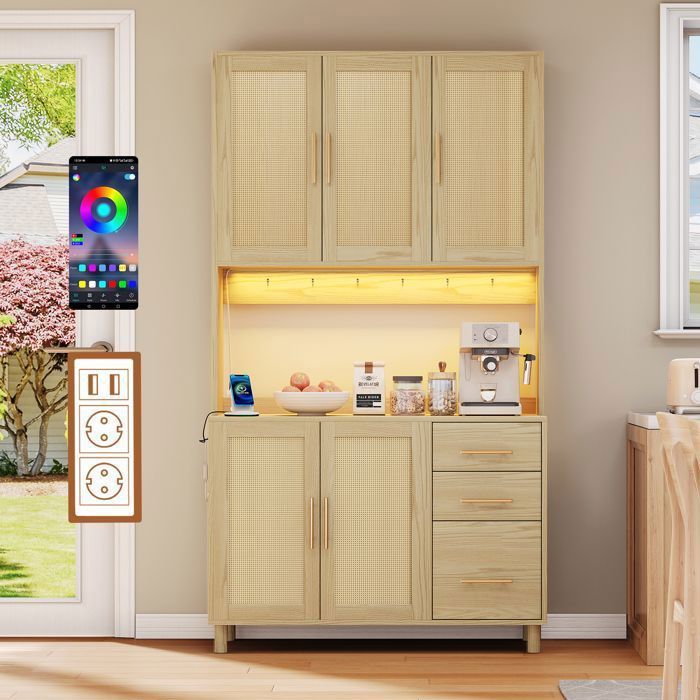 Buffet de cuisine 100x40x183cm-armoire de cuisine avec LED et USB et secteur-portes en rotin et tiroirs-étagères réglables-Bois