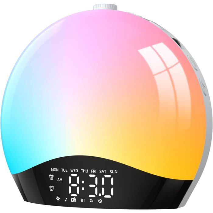 Radio réveil à simulation daube - lampe LED chevet Bluetooth radio FM 76-108 MHz 20 niveaux luminosité 22 sons 2 alarmes