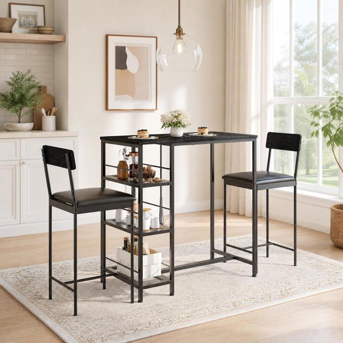 Ensemble table haute 3 pièces - table de bar + 2 chaises avec étagère 3 niveaux style industriel Noir