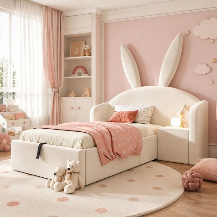 Lit enfant beige 90 x 190 cm avec tête de lit lapin coffre hydraulique et chevet réversible velours