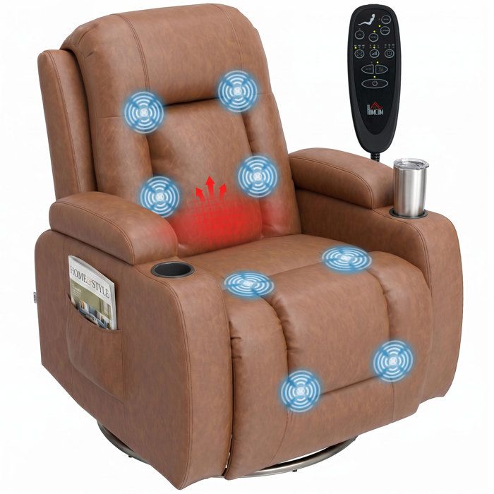 Fauteuil releveur électrique massant chauffant inclinable 150° pivotant avec télécommande similicuir marron clair