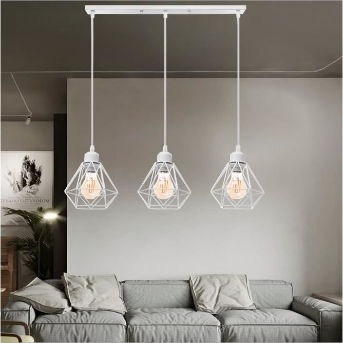 MOGOD Suspension Vintage 3 Luminaires Lustre Cage en Fer Blanc Lampe Longue Pôle Ø16cm Plafonnier éclairage de Cuisine Salon