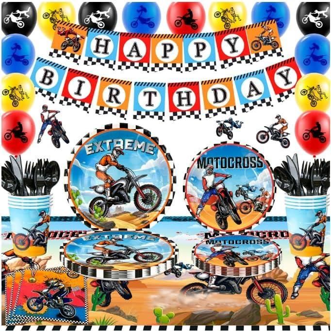 Fournitures de Fête pour Motocross,102pcs Decoration Moto Cross Anniversaire Bannière Thèmes Motocross Ballon Gateau ect,pour Decoration Moto Cross Anniversaire