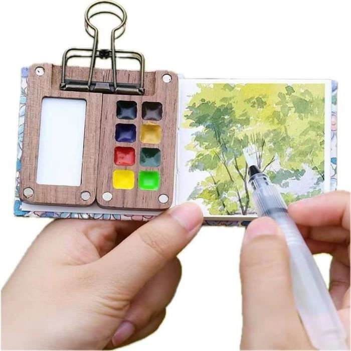 Kit De Peinture De Voyage Avec 8 Grilles Mini Palette En Bois 6 Cm X 6 Cm Mini Carnet De Croquis Aquarelle Et Un Clip.[G93] - Beaux-Arts Et Loisirs Créatifs