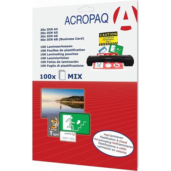 ACROPAQ 100 pochettes de plastification MIX pack 80 Microns