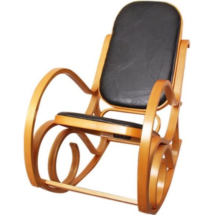 Rocking-chair - M41 - Imitation bois de chêne - Assise en cuir Patchwork - Noir