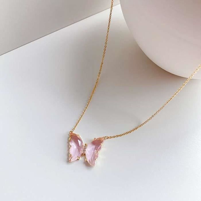 Papillon Collier Pendentif or Rose Cristal Colliers Chaîne Lien Femme Bijoux