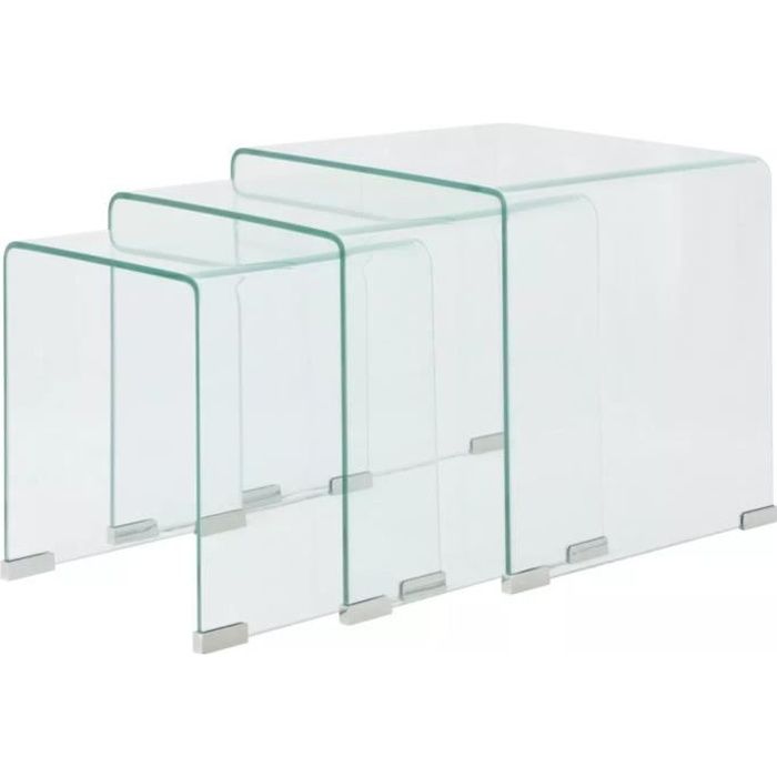 lot de 3 tables gigognes verre trempé transparent-épaisseur du verre : 1 cm- 42 x 42 x 41,5 cm